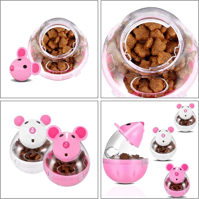 Lightbox Cat Food Ball Dispenser - 4 Pcs Slow Feeder Mice Shaped Tumbler Toy for Interactive Training (Pink, White)