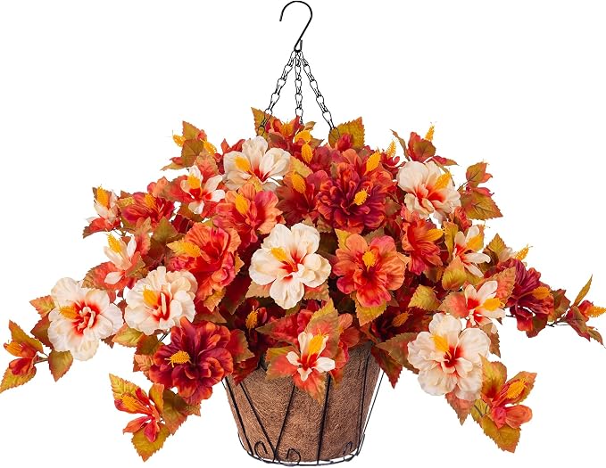 Artificial Fake Fall Hanging Flowers with Basket for Outdoors Decoration | 3PCS Faux Flowers for Outside Planters UV Resistant No Fade Silk Hibiscus for Home Porch Patio Garden Balcony Yard Decor