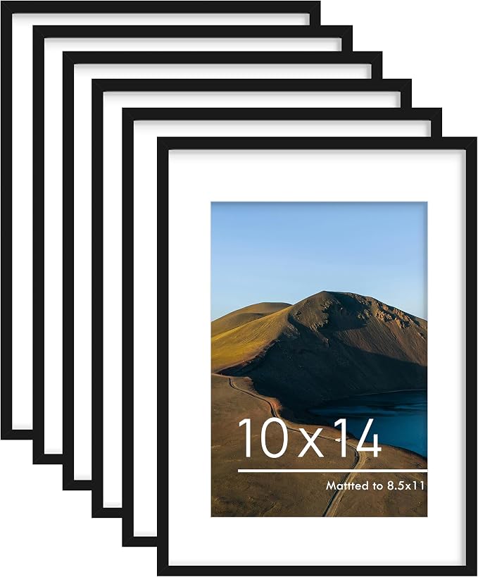 10x14 Picture Frame Set of 6, Wall Mount Display, Black | Display Pictures 8.5x11 with Mat or 10x14 Without Mat, Horizontal or Vertical, Gallery Wall Frame Set, Wedding Birthday Gifts