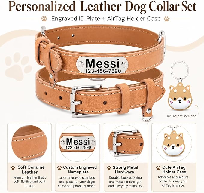 Personalized Genuine Leather Dog Collar with Name Phone Number-Khaki-L