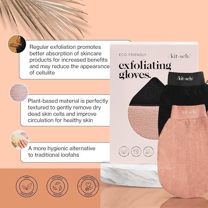Kitsch Exfoliating Gloves 2pc – Korean Exfoliating Mitt & Deep Exfoliating Body Scrubber for Shower, Bath | Body Exfoliator, Dead Skin Remover | Skin Care for Smooth, Renewed Skin - Black & Terracotta
