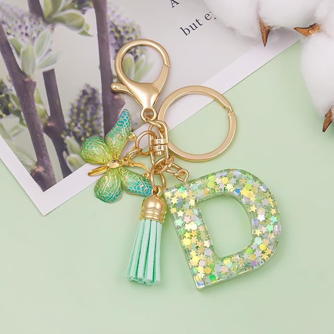 Fashion Alphabet Initial Letter Keychain Tassel Butterfly Pendant Key Ring for Purse Handbags Women Girl