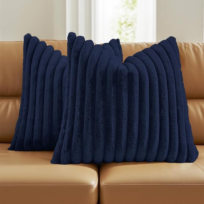 FUTEI Pack of 2 Faux Fur Throw Pillow Covers 24x24 Inch, Dark Navy | Fluffy Faux Rabbit Fur Front/Premium Velvet Back,Hidden Zipper,Machine Washable,Non-Shedding,Colorfast,Insert Not Included.