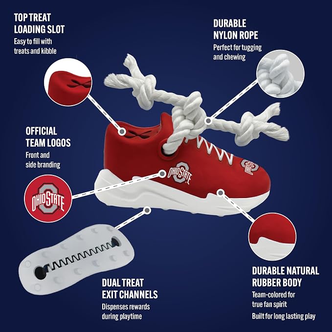 NCAA Ohio State Buckeyes Cleat Sneaker Spike Dog Toy, Treat Dispenser Chew Toy for Dogs, Interactive Rope Tug Toy, Slow Feeder Natural Rubber Dog Toy with Official Team Logo for Puppies & Adult Dogs