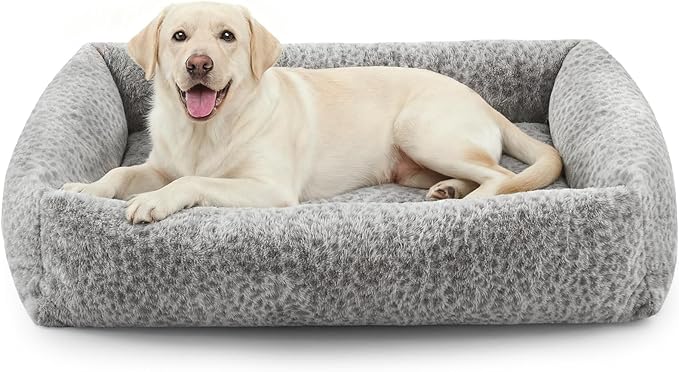 JOEJOY XL Dog Beds Large Sized Dog, Removable Washable Cover Orthopedic Soft Faux Rabbit Fur Pet Bed, Anti-Slip Fluffy Plush Faux Rabbit Fur Puppy Bed, 42"x36"x9", Leopard Print, Grey