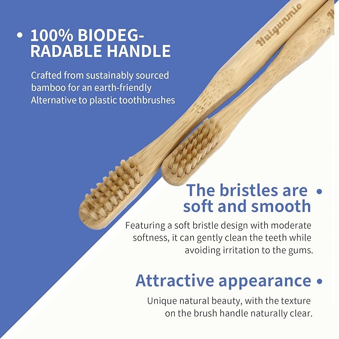 Huiyunmio 8 Pack Bamboo Toothbrushes - Soft Bristles, BPA Free, Eco-Friendly Natural Wooden Toothbrushes for Adults & Family, Zero Waste Compostable Handle