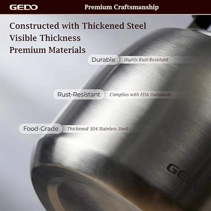 GEDO Stainless Steel Whistling Tea Kettle, 304 Food Grade, Large Capacity, Stovetop Kettle for Gas Stove and Induction Cooktop (5L/5.28QT)