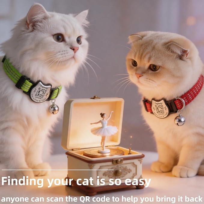 Breakaway Cat Collar with QR Code Tag and Bell (Red & Green) | Reflective Nylon, Quick-Release Buckle