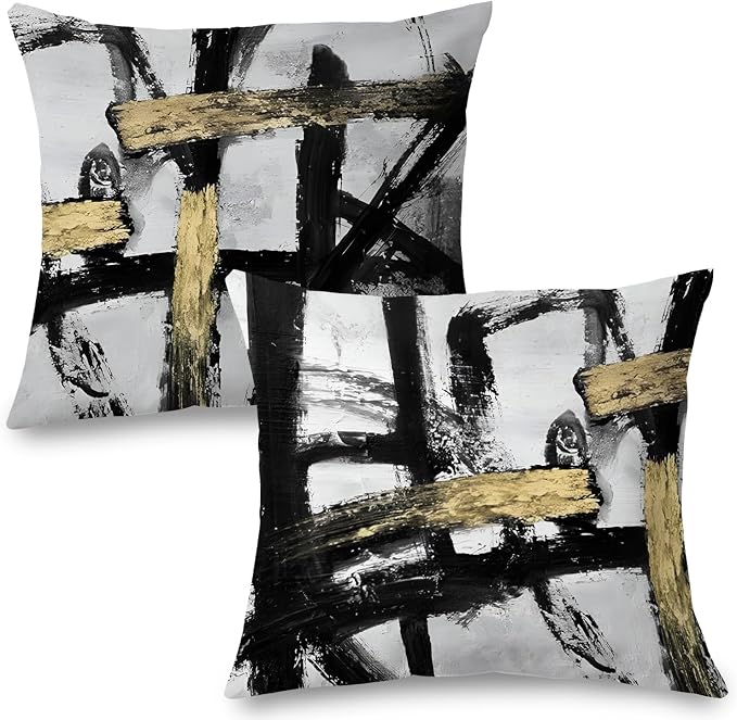 Black White Gold Pillow Covers, White Black and Gold Pillow Covers 18x18 Set of 2, Modern Black and White Pillow Covers for Couch Bed Living Room