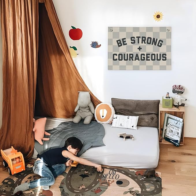 Motivational Quotes Boys Room Decor，Be Strong Courageous Bibie Joshua 1:9 Playroom Decor Linen Canvas Banner,Vintage Checkered Wall Hanging Flag Decor for Kids Toddler Room 30x20 bestrong