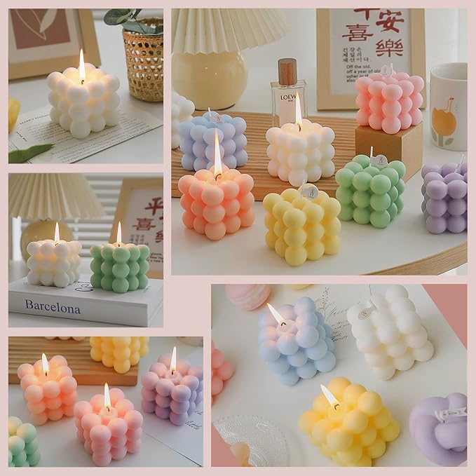Scented Bubble Cube Candles - Home Decor Aromatherapy Candle, 5.4 oz Soy Wax, Rose (Pink)