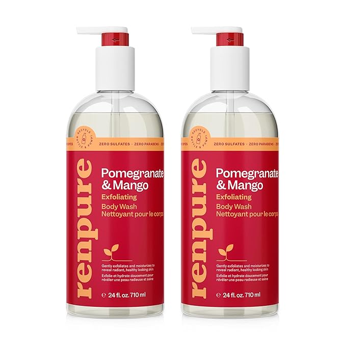 RENPURE Pomegranate & Mango Exfoliating Body Wash - Cleanses, Exfoliates, Moisturizes & Rejuvenates Skin - For All Skin Types - Pomegranate Extract, Mango Fruit Extract - 24 Fl Oz each, 2 Pack