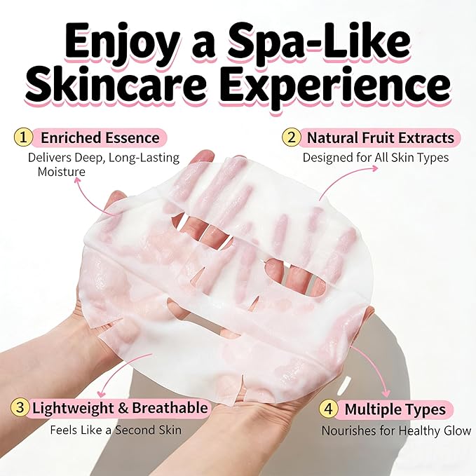 Collagen Face Masks Skincare Bulk,Hydrating Spa Face Mask Beauty for Sensitive Skin,Sheet Mask for Women Skin Care, Facial Mask Sets for Teen Girls (12 Masks Fruits)