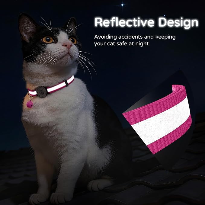 Breakaway Cat Collar QR Code, Reflective Bell, Adjustable Kitten, Rose Red