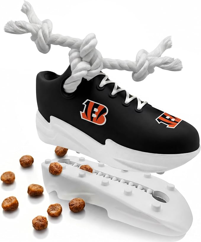 Pets First NFL Cincinnati Bengals Cleat Sneaker Spike Dog Toy, Football Treat Dispenser Chew Toy for Dogs, Interactive Rope Tug Toy, Slow Feeder Natural Rubber Dog Toy with Official Team Logo