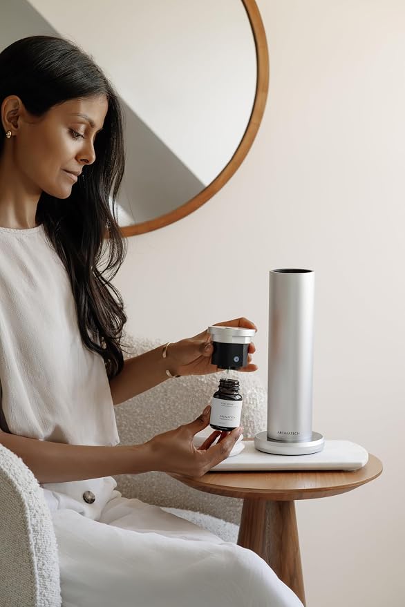 AromaTech New AroMini BT Plus Scent Diffuser w/Bluetooth – Cold-Air Diffusion Scent Machine for Home, Office, Hotel, Spa – Nebulizing Diffusion System for Essential Oil Blends (Silver)