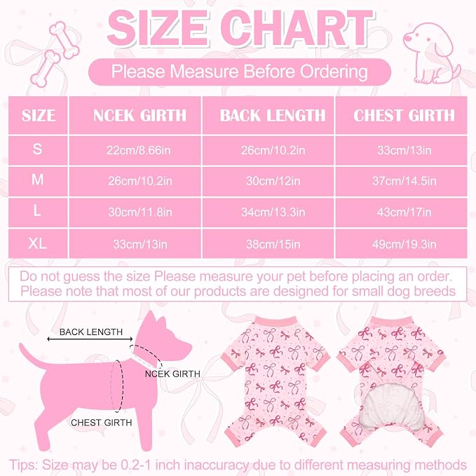 Dog Pajamas for Small Medium Dogs Pjs Pink Bow Dog Onesie Breathable Puppy Pj Pet Stretchy Soft Sleepwear for Spring Summer Costume-L