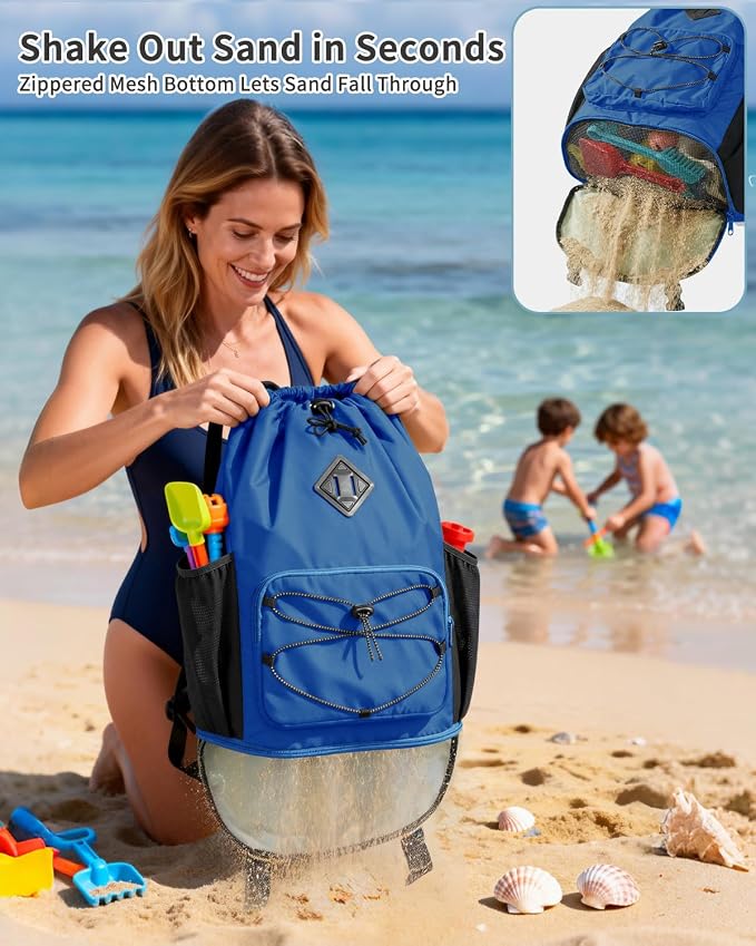 WANDF Drawstring Backpack with Removable Wet Pocket, Sandproof Beach Backpack with Bottom Compression Strap for Beach Mat, Swim Bag for Pool, Gym, Travel and Workout Gear (Navy Blue)