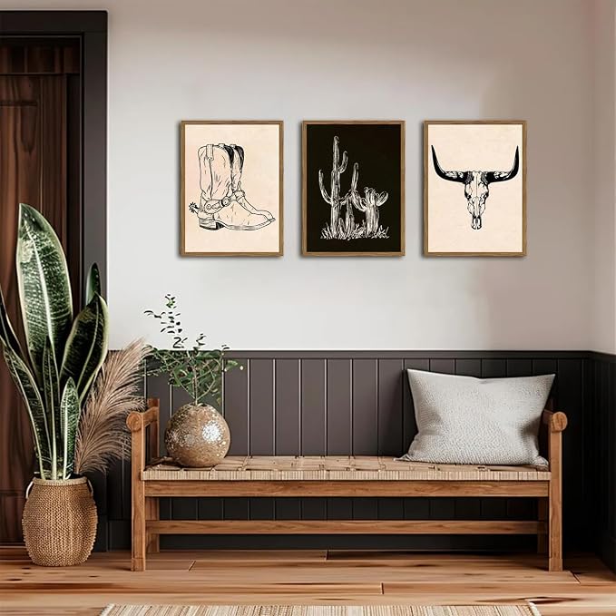 Vintage Western Wall Art Set of 3, Southwestern Cowboy Wall Decor Paintings, Black and White Longhorn Bull Skull Canvas Prints for Bedroom Living Room 12x16 inch Wood Framed