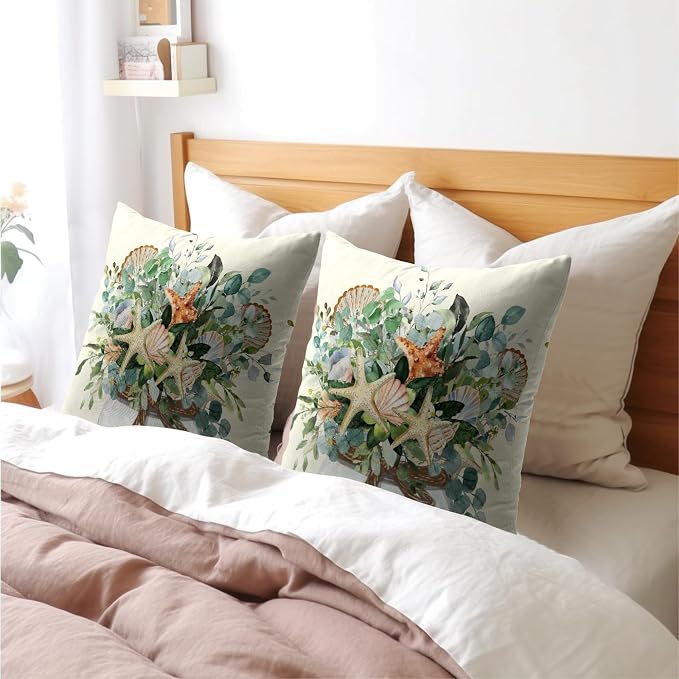 Kawani Eucalyptus Leaves Starfish Pillow Covers 16x16 Inch Set of 2 Coastal Green Leaf Mason Jar Outdoor Decorative Pillowcase Cotton Linen Square Cushion Case for Couch Sofa Home Decor