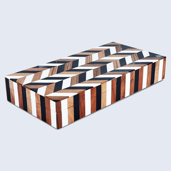 Handicrafts Home Large Decorative Storage Box with Lid Wooden Decorative Box Large Storage Box for Living Room, Mental Decor– Natural Wood Resin Inlay Marquet Cosmo Collection- 12x6x2