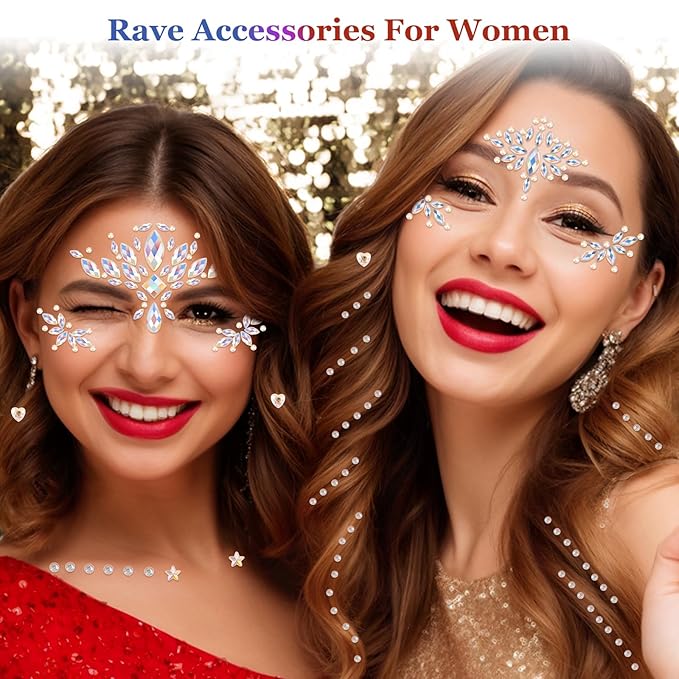 Erythem Face Gems for Women 6 Sheets Face Jewels Stick On Self Adhesive Rhinestones Stickers for Makeup Music Festival Rave Party (4Luminous)