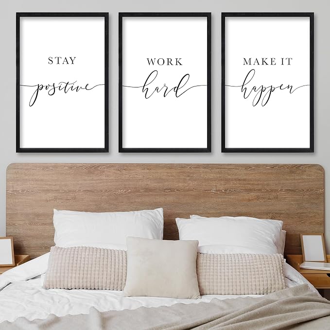 RLWangChao Inspirational Quotes Wall Art Decor 3 Piece 16"X24" Black | Modern Office, Stay Positive Work Hard Make It Happen Motivational, Framed Sign, Living Room Positive Wall Hanging