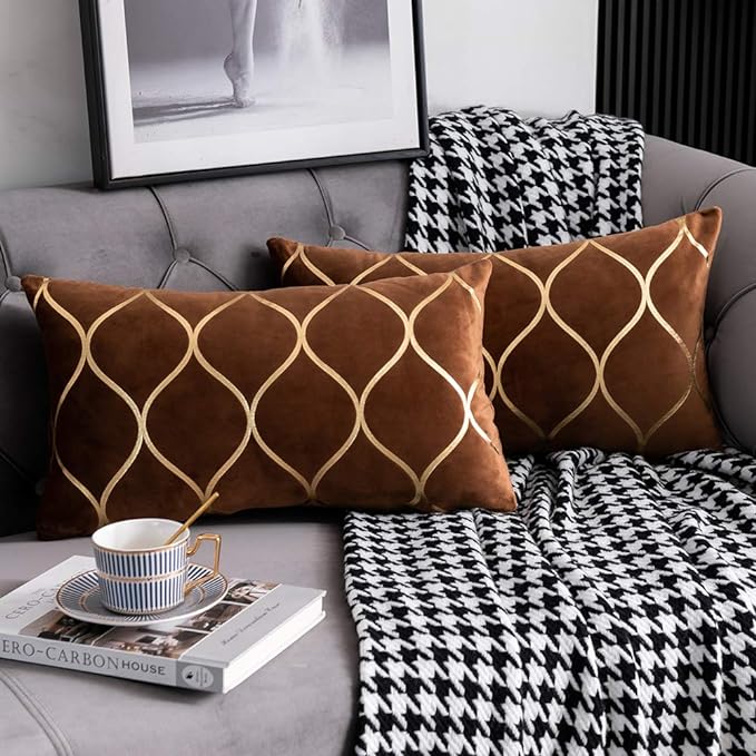 Gold Velvet Throw Pillow Covers: 2 Pack 12x20 Inch Rectangular Decorative Pillow Cases for Bedroom Sofa Couch Living Room, Light Brown