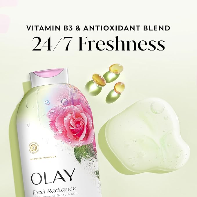 Olay Body Wash for Women, Fresh Radiance, 24/7 Skin-Loving Freshness, Visibly Radiant, Plant Based Cleansers, Vitamin B3 & Antioxidant Blend, All Skin Types, Rose Water & Sweet Nectar Scent, 22 fl oz