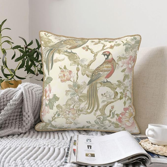 Vintage Bird Floral Velvet Pillow Covers 16x16 Inch Chinoiserie Flowers Leaves Throw Pillows for Couch Farmhouse Cushion Covers Pillowcase Light Green Leaf Pillow Cases for Sofa Bed Outdoor Decor