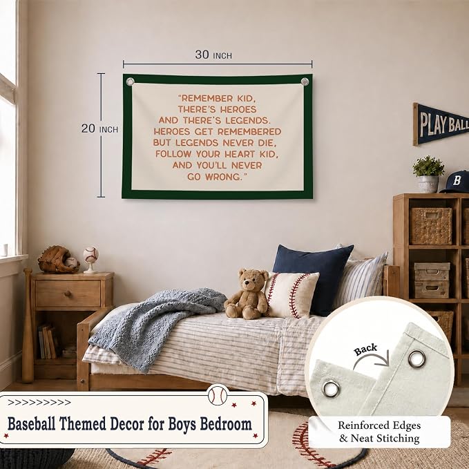 Vintage Baseball Wall Decor for Boys Room, Inspirational Sports Quote Canvas Banner, Retro Baseball Nursery Wall Art for Bedroom Playroom,Baby Shower Gifts,30x20 Inch(White and Green)