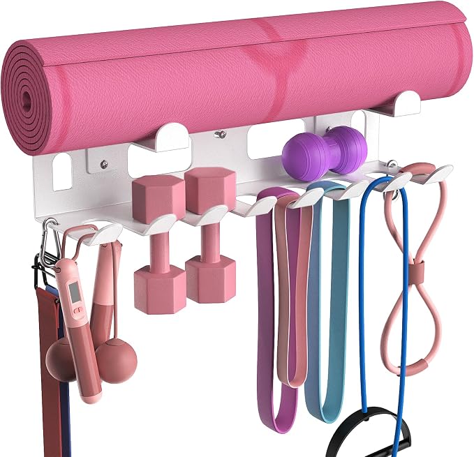 KHAMAL Multi-Purpose Gym Equipment Storage Rack for Resistance Bands - Gym Wall Storage for Exercise Bands, Yoga mat, Jump Ropes, Weight Belts, Straps, Hula Hoop (Black White)