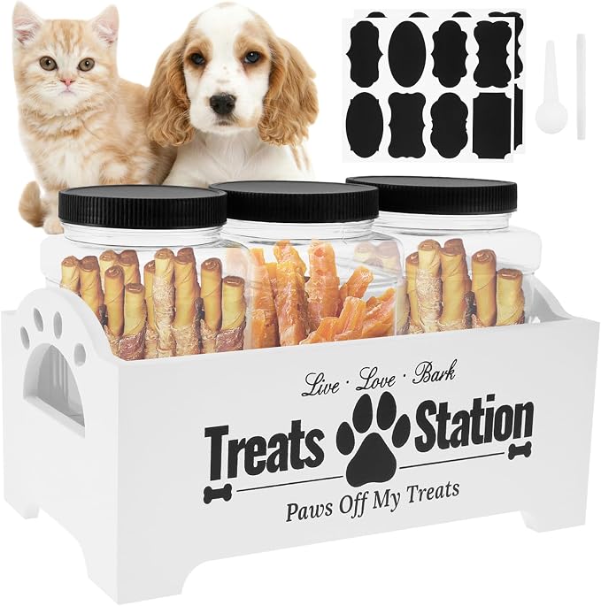 Dog Treat Container for Countertop Dog Food Storage with 3 Plastic Treat Jars Wood Dog Food Container with Handles and Lids Farmhouse Practical Pet Cat Dog Treat Storage Containers (white)
