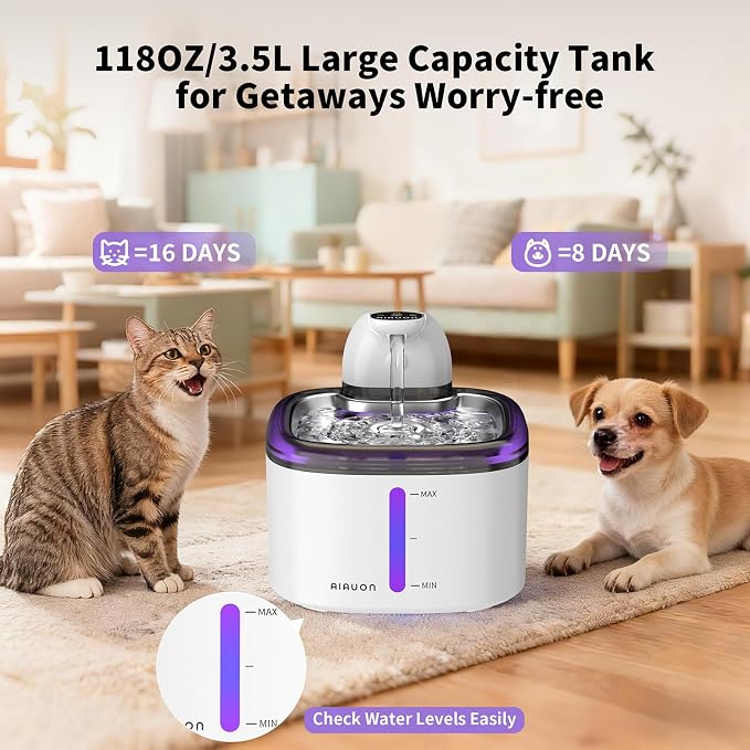 Cat Water Fountain Cordless 118oz/3.5L Wireless & Battery Operated Pet Water Fountain for Indoor Cats, Stainless Steel Tray with Sensor & Timer Modes, Ultra-Quiet, BPA-Free (Cat Fountain+2Filters)