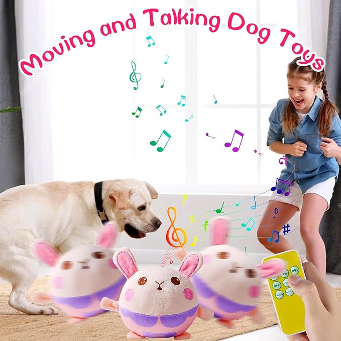 Interactive Plush Dog Toy - Bouncing Rolling Ball With Remote Control and Music, Self-Moving Pet Toy for Small/Medium/Large Bored Dogs (Rabbit)