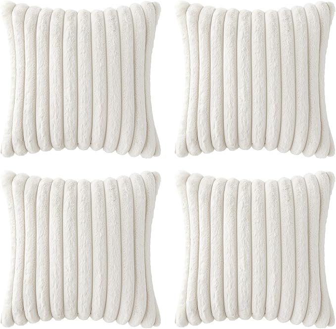 MIULEE Faux Fur Plush Decorative Throw Pillow Covers 20x20, Pure White | Set of 4, Striped, Soft Modern Cozy Home Decor, Cushion Cases for Sofa Couch Bed Living Room