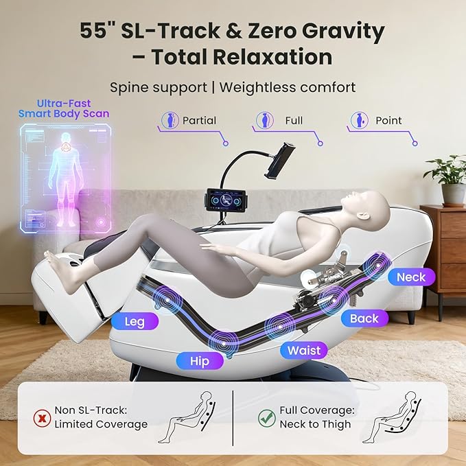 4D Music Rhythm Massage Chair Full Body Recliner, 2025 Unique Sonic Resonance Zero Gravity SL-Track Shiatsu with Knee Heating Blanket AI Voice Bluetooth Foot Roller Body Scan Airbags G9 White