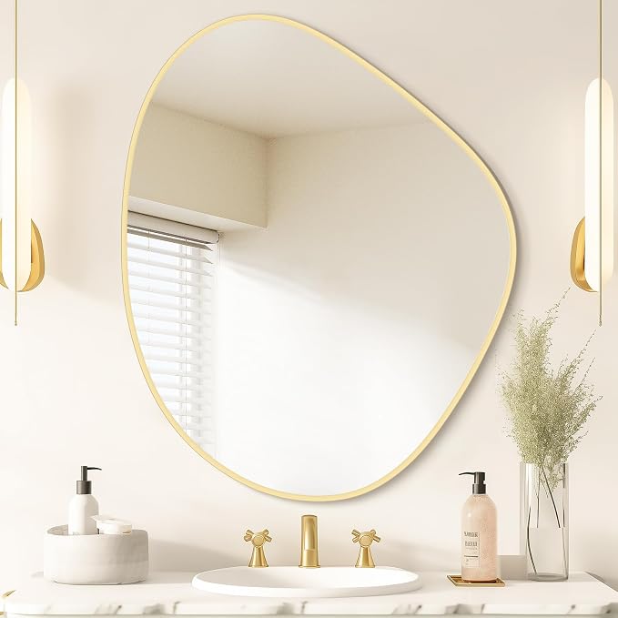 Asymmetrical Mirror, Irregular Wall Mirror for Bathroom, Abstract Wall Mirrors Decorative for Bedroom Living Room Entryway Hall, Mirrors for Wall Decor 28" H x 23" W, Gold