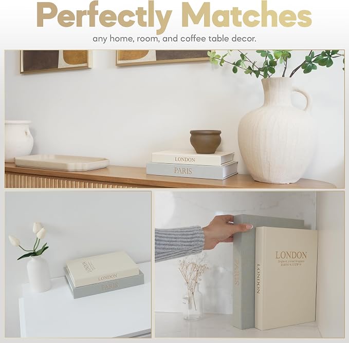 Decorative Books with Storage – Set of 2 Faux Linen Book Boxes with Gold Stamped Covers – Enhance Your Coffee Table, Bookshelf or Mantle Decor – Hidden Storage for Photos, Keepsakes, and Jewelry