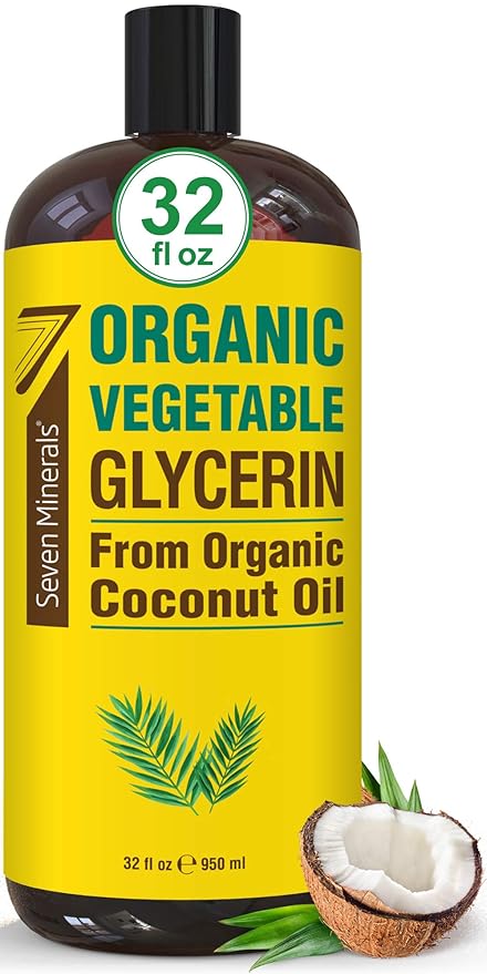 Seven Minerals, Organic Vegetable Glycerin - Big 32 fl oz Bottle - No Palm Oil, Made with Organic Coconut Oil - Therapeutical Grade Glycerine for DIYs - Hair, Nails & Skin Moisturizer - Non-Gmo