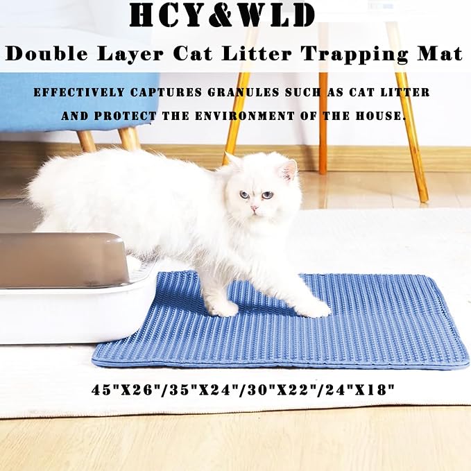 HCY&WLD Cat Litter Mat, Double Layer Cat Litter Box Mat (35x24 Inch, Blue) | Waterproof Urine-Proof Non-Slip Litter Trapping Mat, Soft on Kitty Paws, Scratch-Resistant, Scatter Control, Easy to Clean