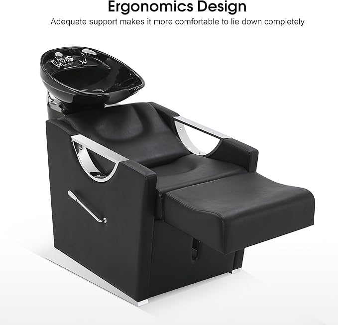 BarberPub Ceramic Bowl Shampoo Chair Extended Ceramic Shampoo Bowl Sink Chair Station for Spa Beauty Salon Professional Hair Salon Equipment 9073 (Black)