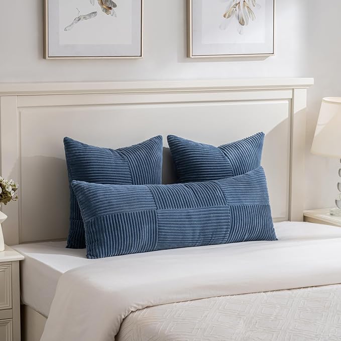 Fancy Homi Set of 1 Dusty Blue Boho Long Lumbar Body Decorative Throw Pillow Cover 21x54 Inch for Bed Couch Bedroom Bench, Soft Patchwork Corduroy Textured Pillow Case, Rustic Farmhouse Room Decor