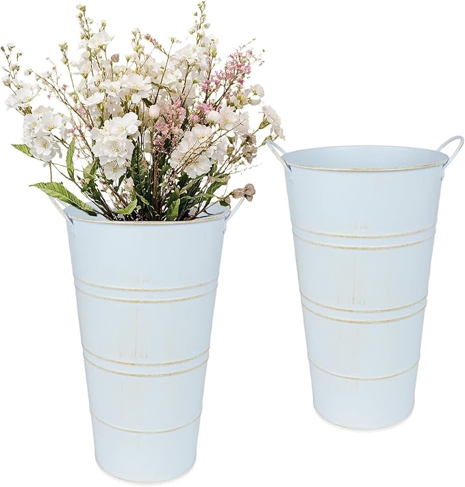 12 Inch Galvanized Metal Vase, 2 Pack Tall Flower Buckets with Handles | Galvanized metal flower buckets with handles, rustic tall vase design for dried flowers, weddings, farmhouse and home decor.