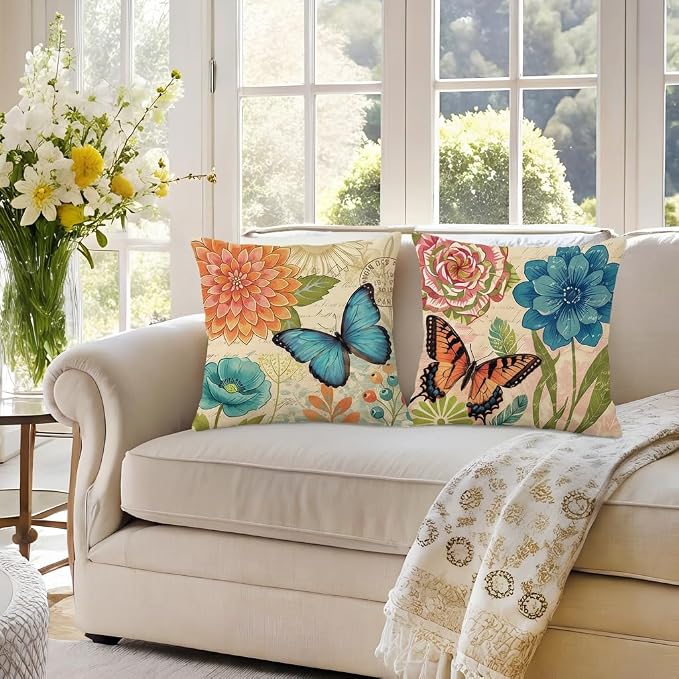 wyooxoo Spring Summer Pillow Covers 18x18 Set of 4 Farmhouse Throw Pillow Covers Linen Flower Butterfly Decorative Pillowcases for Sofa Couch Living Room Outdoor