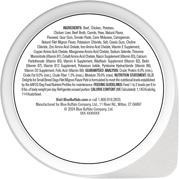 Blue Buffalo Delights Filet Mignon Small Breed Wet Dog Food, 3.5 oz, 12 ct | Adult Formula, Grain-Free, Pate Style, Real Beef First, in Savory Juice, No Corn, Wheat, or Soy