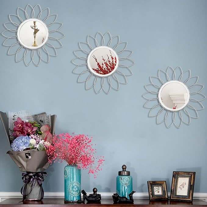3 Pack Metal Mirrors for Wall Sunburst Wall Mirrors Home Décor Decorative Hanging Wall Art for Living Room Bedroom Entryway (Silver, Flowers)