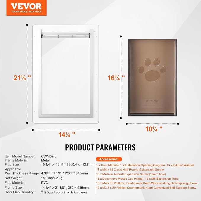 VEVOR 3-Flap Pet Door for Wall, Metal Frame with Lock, Energy-Efficient Insulated Pet Door, Easy to Install in Interior or Exterior Walls, Dog Door for Large Dogs (White-Large)