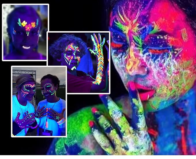 12 Pieces Glow Blacklight Face & Body Paint Makeup, Glow in The Dark Face Painting Kit Neon Paint Sticks for Kids Adult Halloween Glow Party
