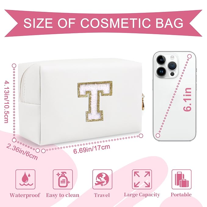 Small Personalized Initial A-Z Preppy Patch Makeup Bag,White PU Chenille Letter Travel Cosmetic Pouch with Zipper,Cute Toiletry Bag,Gift Ideal for Teen Girls Women Teacher Bridesmaid,Letter T